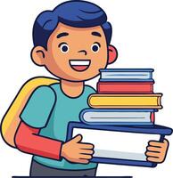 Boy carrying a stack of books with a smile, representing education and learning in illustration vector