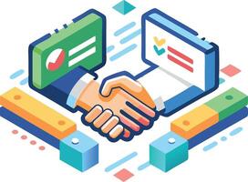 A handshake over digital platforms representing online agreement and transactions vector