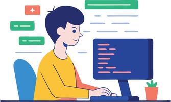 Man working on a computer, symbolizing coding, programming, and technology in illustration vector