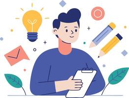 Man taking notes with creative ideas around, symbolizing brainstorming and planning vector