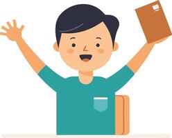 Boy raising a book and smiling, symbolizing learning, education, and achievement in illustration vector