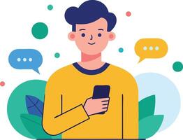 Boy holding a smartphone and texting, symbolizing communication, technology, and social interaction vector