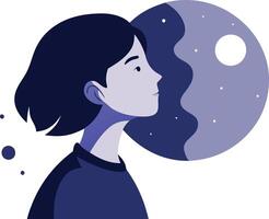 Girl looking at the moon, symbolizing dreams, imagination, and wonder in illustration vector
