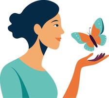 Woman holding a butterfly, symbolizing nature, peace, and connection with wildlife vector