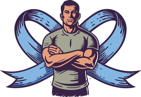 Strong man standing confidently in front of a blue awareness ribbon symbolizing support