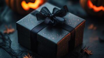 gift box with dark ribbon, spooky decorations inside and spider webs photo