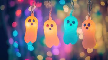Hanging ghost-shaped lights in a vibrant bokeh background photo