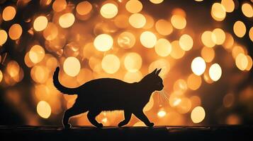 A silhouette of a cat walking against a background of bokeh lights photo