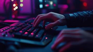 Man using mouse and keyboard to stream online on virtual screen. photo