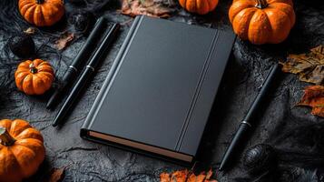 A notebook with a dark cover, surrounded by black pens photo