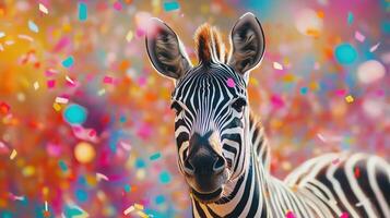 A zebra surrounded by colorful confetti photo
