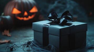 gift box with dark ribbon, spooky decorations inside and spider webs photo