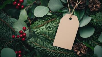 A blank tag is attached to a vibrant Christmas wreath photo
