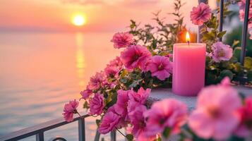 A pink candle and vibrant flowers on a balcony overlook a serene sunset photo