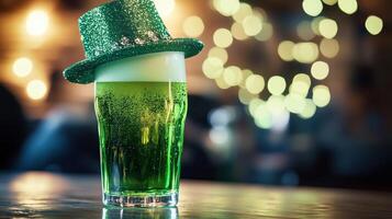 A glass of green beer adorned with a sparkling hat captures photo