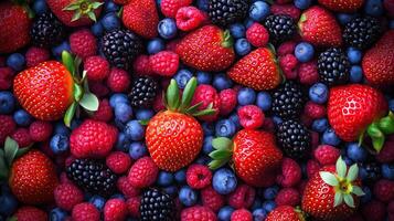 Vibrant collection of ripe berries, featuring strawberries, blackberries photo