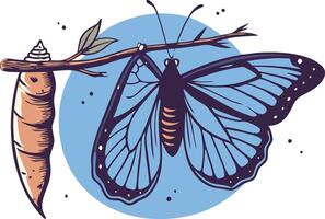 Blue butterfly resting on a branch with a cocoon in illustration vector