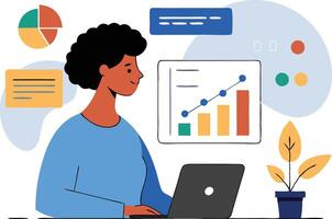 Woman working on a laptop with charts and graphs, symbolizing business, analytics, and technology vector
