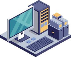 Isometric computer with server and cloud storage equipment for data management vector