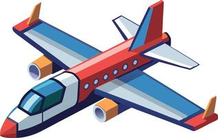 Small airplane illustration in red and blue with isometric perspective vector