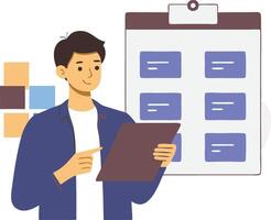 Man holding a clipboard, reviewing a list of tasks, symbolizing organization and productivity vector