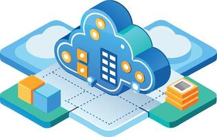 Cloud computing illustration with data storage, network connections, and devices vector