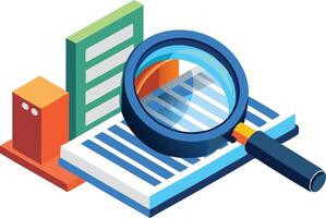 Magnifying glass over documents, symbolizing research and analysis in isometric style vector