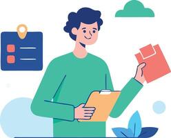 Young man holding a letter and checklist, symbolizing organization, tasks, and productivity vector