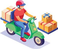Delivery driver riding scooter with multiple boxes, isometric shipping illustration vector