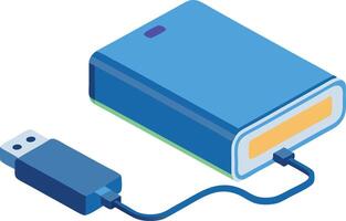 External hard drive with USB cable, isometric data storage and backup device vector