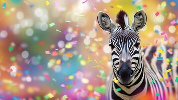 A zebra surrounded by colorful confetti photo