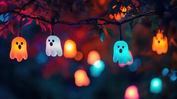 Hanging ghost-shaped lights in a vibrant bokeh background photo