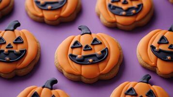 A pattern of pumpkin-shaped gingerbread cookies photo