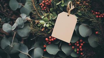 A blank tag is attached to a vibrant Christmas wreath photo