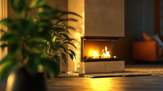 A warm and inviting space showcases a fireplace glowing with flames photo