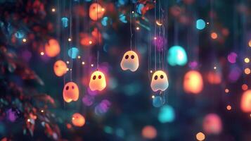 Hanging ghost-shaped lights in a vibrant bokeh background photo