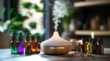 A set of essential oils for a diffuser to promote relaxation. photo