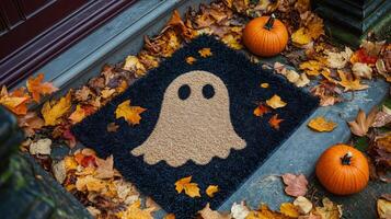A spooky Halloween-themed welcome mat with a ghost design photo