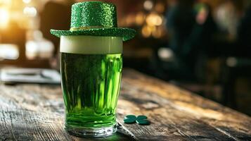 A glass of green beer adorned with a sparkling hat captures photo