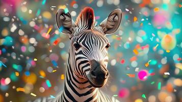 A zebra surrounded by colorful confetti photo