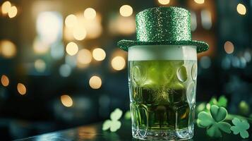 A glass of green beer adorned with a sparkling hat captures photo