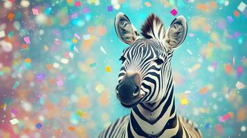 A zebra surrounded by colorful confetti photo