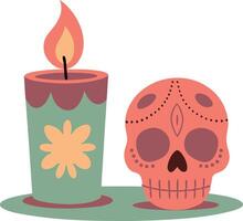 Lit candle with flower and skull next to decorative sugar skull in Day of the Dead theme vector