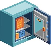 Isometric safe with open door showing valuables inside, security and storage illustration vector