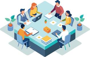 Office team collaborating around a table, isometric business meeting illustration vector