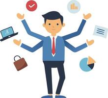Businessman juggling various businessrelated objects symbolizing multitasking and productivity vector