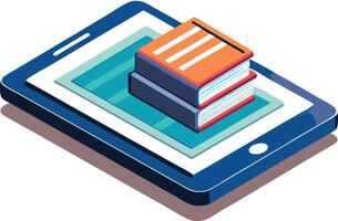 Stack of books on tablet screen, isometric education and digital learning concept illustration vector