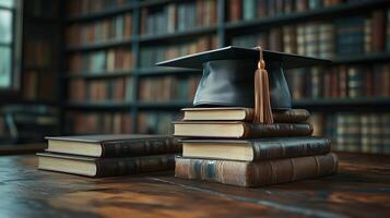 A graduation hat and a set of study aids photo
