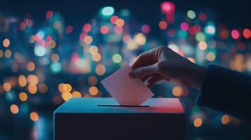 A hand casting a vote into a ballot box with a cityscape background photo