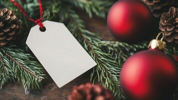 A blank tag placed among pine cones, red ornaments photo